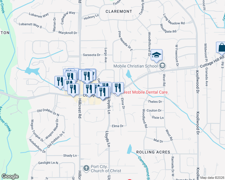 map of restaurants, bars, coffee shops, grocery stores, and more near 6208 Cottage Hill Road in Mobile