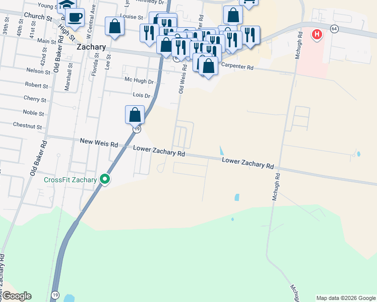 map of restaurants, bars, coffee shops, grocery stores, and more near 5365 Lower Zachary Road in Zachary