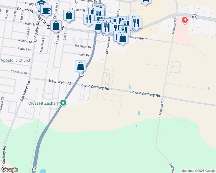map of restaurants, bars, coffee shops, grocery stores, and more near 3819 Stoneybrook Street in Zachary