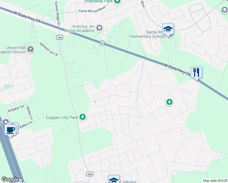 map of restaurants, bars, coffee shops, grocery stores, and more near 305 High Plains Pass in Georgetown