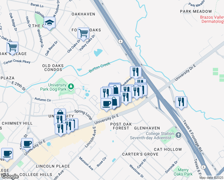 map of restaurants, bars, coffee shops, grocery stores, and more near 1505 University Drive East in College Station