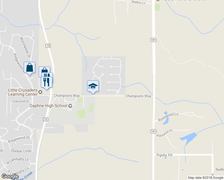 map of restaurants, bars, coffee shops, grocery stores, and more near 9631 Canterbury Court in Daphne