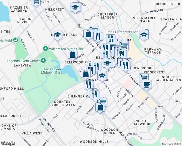map of restaurants, bars, coffee shops, grocery stores, and more near 200 East Villa Maria Road in Bryan