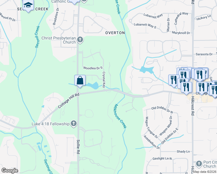 map of restaurants, bars, coffee shops, grocery stores, and more near 6951 Cottage Hill Road in Mobile