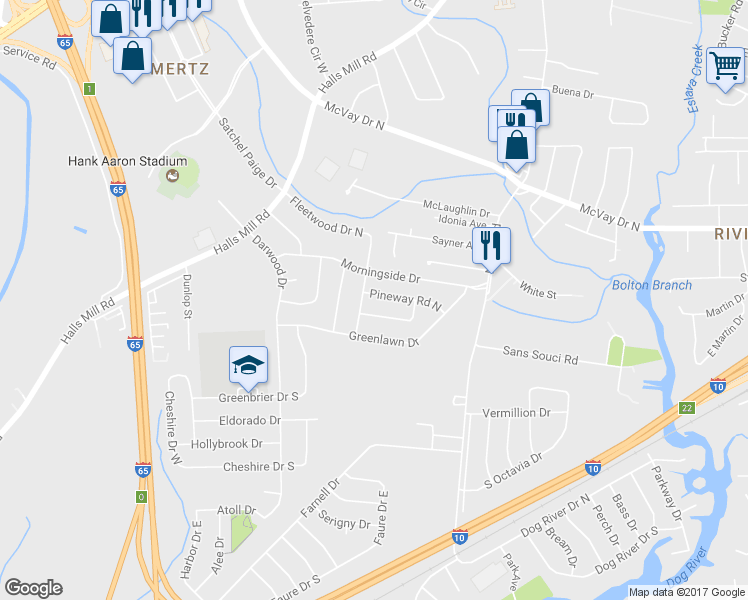 map of restaurants, bars, coffee shops, grocery stores, and more near 2517 Pineway Road North in Mobile