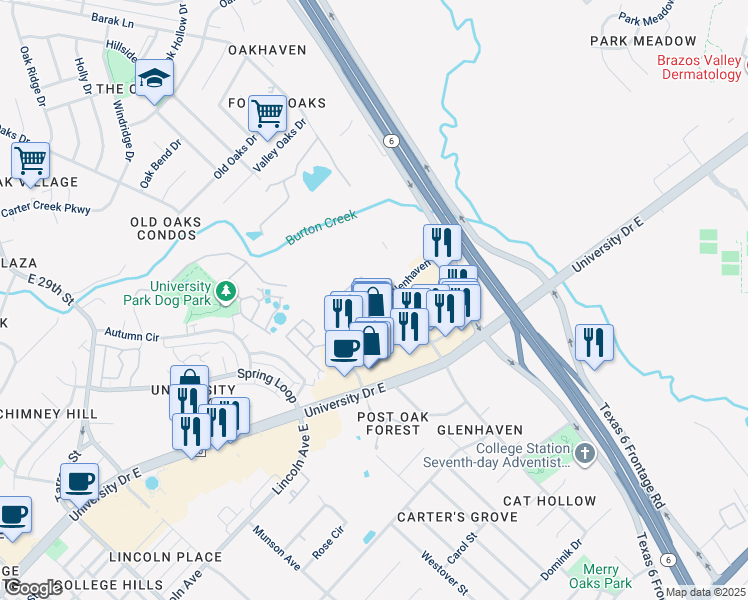 map of restaurants, bars, coffee shops, grocery stores, and more near 1505 University Drive East in College Station