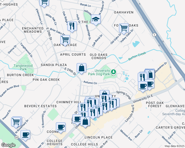 map of restaurants, bars, coffee shops, grocery stores, and more near 203 Winter Park in College Station