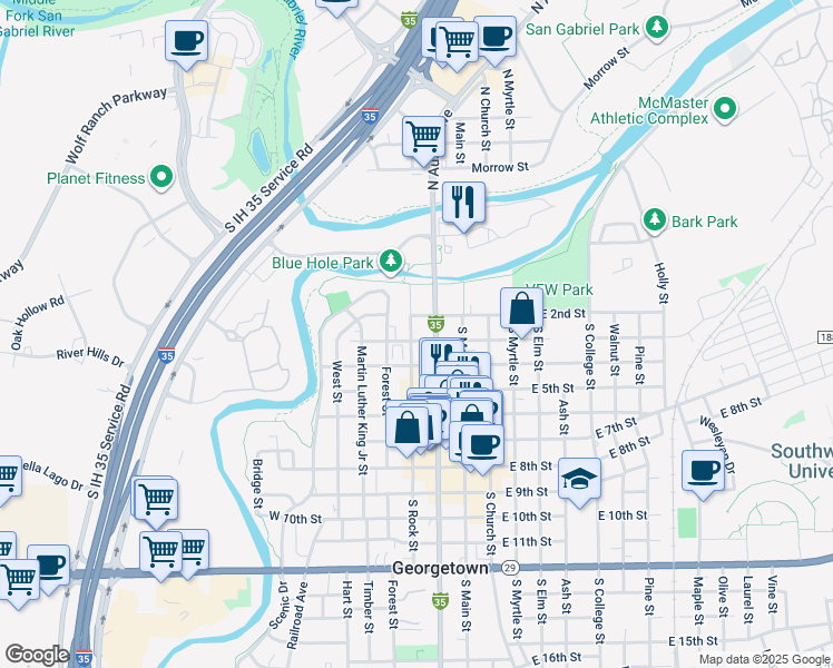 map of restaurants, bars, coffee shops, grocery stores, and more near 521 South Austin Avenue in Georgetown