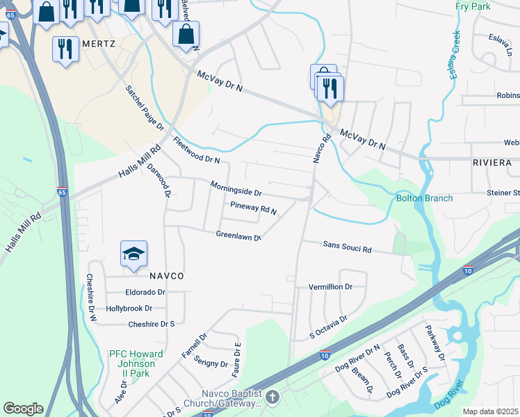 map of restaurants, bars, coffee shops, grocery stores, and more near 1550 Pineway Drive South in Mobile