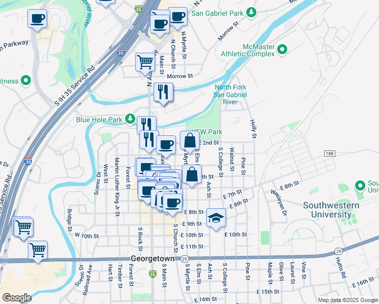 map of restaurants, bars, coffee shops, grocery stores, and more near 301 East 3rd Street in Georgetown