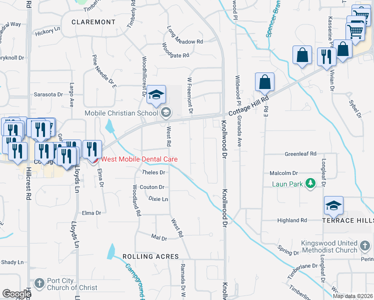 map of restaurants, bars, coffee shops, grocery stores, and more near 2404 Pavan Drive in Mobile