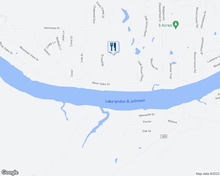 map of restaurants, bars, coffee shops, grocery stores, and more near 3200 River Oaks Drive in Kingsland