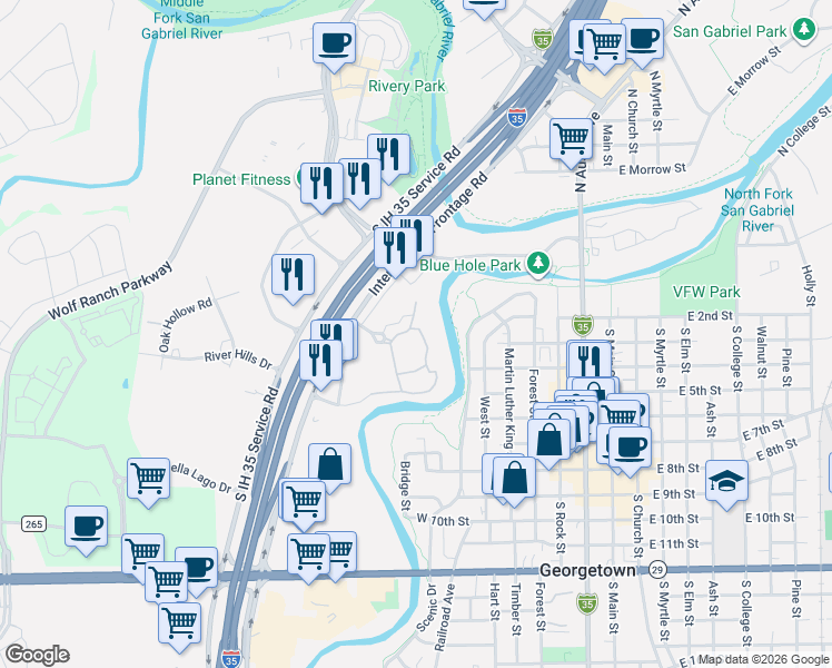 map of restaurants, bars, coffee shops, grocery stores, and more near 25 Waters Edge Circle in Georgetown