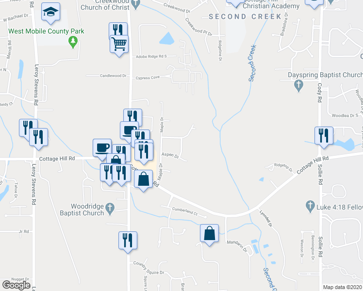 map of restaurants, bars, coffee shops, grocery stores, and more near 2428 Sequoia Drive East in Mobile