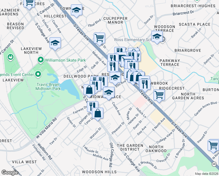map of restaurants, bars, coffee shops, grocery stores, and more near 306 Elm Avenue in Bryan