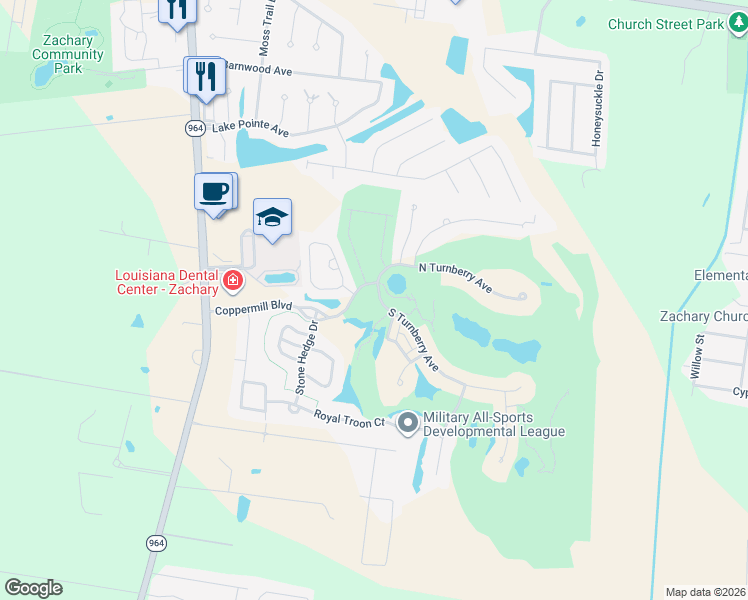 map of restaurants, bars, coffee shops, grocery stores, and more near 3291 Anns Street in Zachary