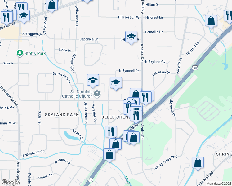 map of restaurants, bars, coffee shops, grocery stores, and more near 3980 Burma Road in Mobile