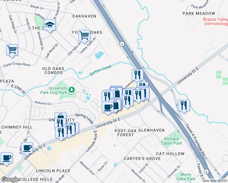 map of restaurants, bars, coffee shops, grocery stores, and more near 1505 University Drive East in College Station