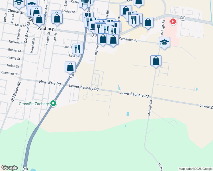 map of restaurants, bars, coffee shops, grocery stores, and more near 5365 Lower Zachary Road in Zachary