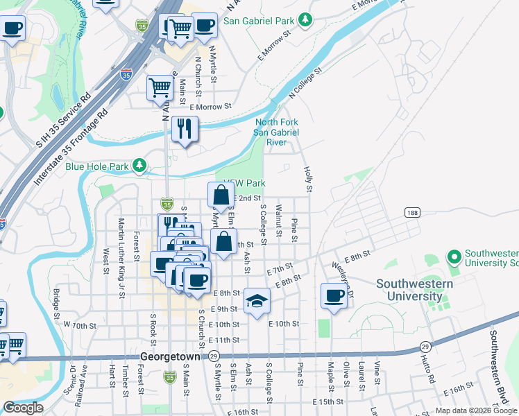 map of restaurants, bars, coffee shops, grocery stores, and more near 202 South College Street in Georgetown