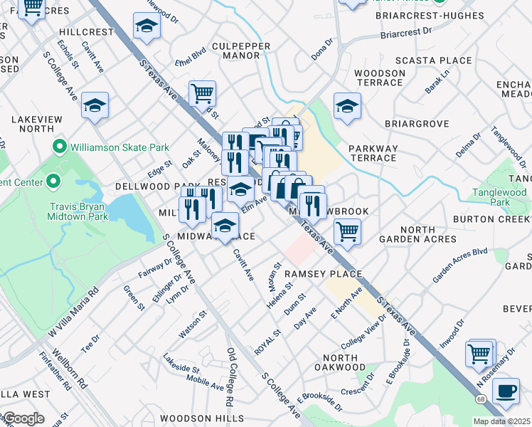 map of restaurants, bars, coffee shops, grocery stores, and more near 3109 Maloney Avenue in Bryan