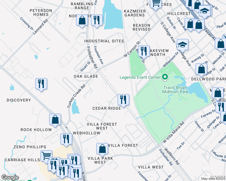 map of restaurants, bars, coffee shops, grocery stores, and more near Finfeather Road in Bryan