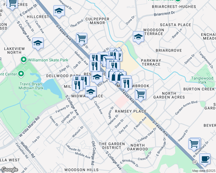map of restaurants, bars, coffee shops, grocery stores, and more near 401-499 Willow Street in Bryan