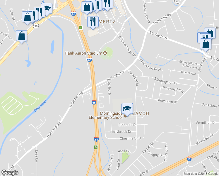 map of restaurants, bars, coffee shops, grocery stores, and more near 1537 Dunlop Street in Mobile