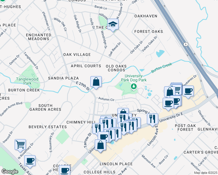 map of restaurants, bars, coffee shops, grocery stores, and more near 203 Winter Park in College Station