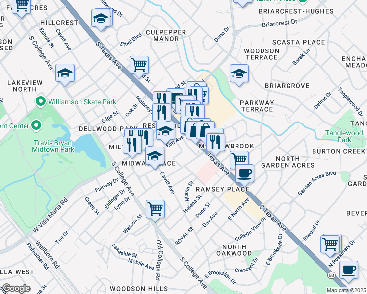 map of restaurants, bars, coffee shops, grocery stores, and more near 401-499 Willow Street in Bryan