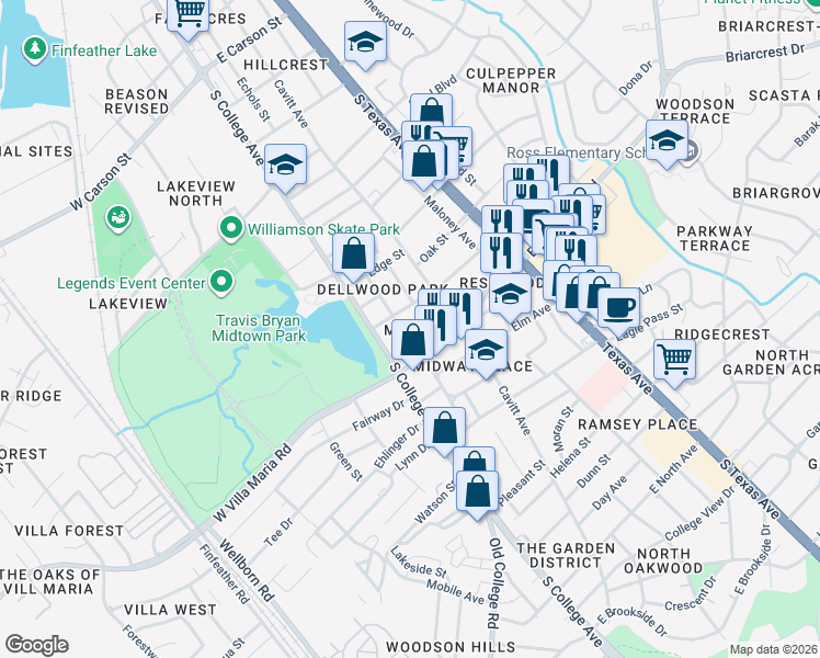 map of restaurants, bars, coffee shops, grocery stores, and more near 3007 South College Avenue in Bryan
