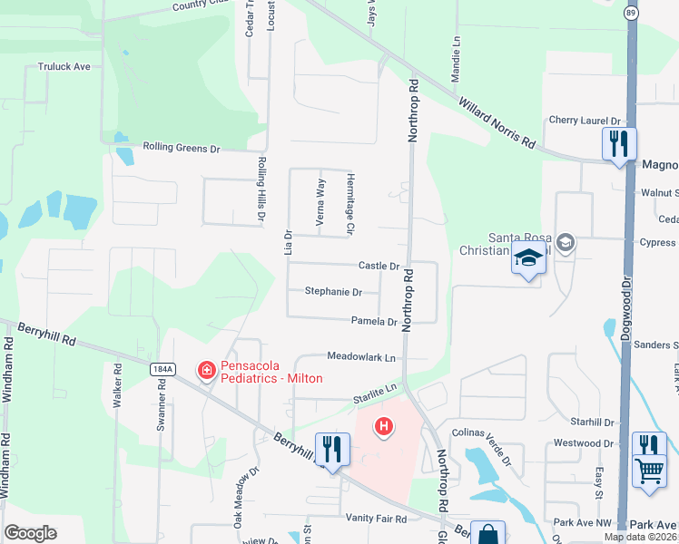 map of restaurants, bars, coffee shops, grocery stores, and more near 5920 Stephanie Drive in Milton