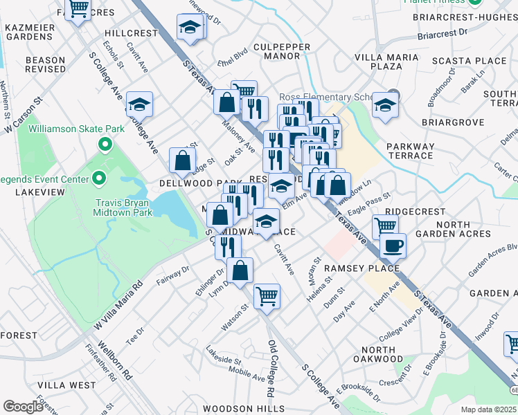 map of restaurants, bars, coffee shops, grocery stores, and more near 308 East Villa Maria Road in Bryan