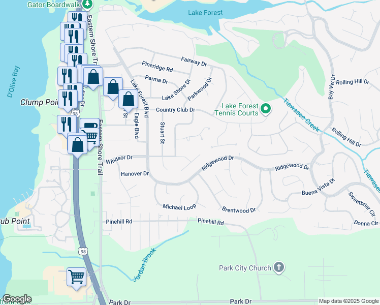 map of restaurants, bars, coffee shops, grocery stores, and more near 28608 Oakwood Court in Daphne