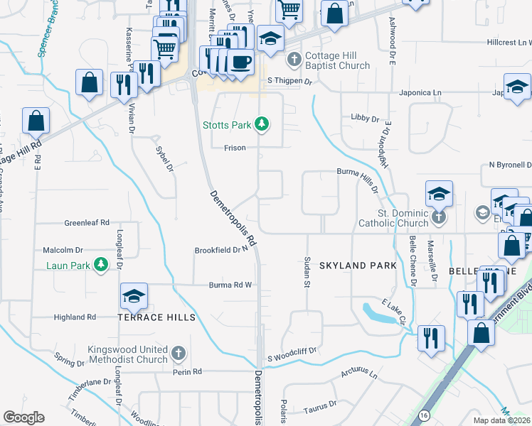map of restaurants, bars, coffee shops, grocery stores, and more near 4957 South Ringold Drive in Mobile