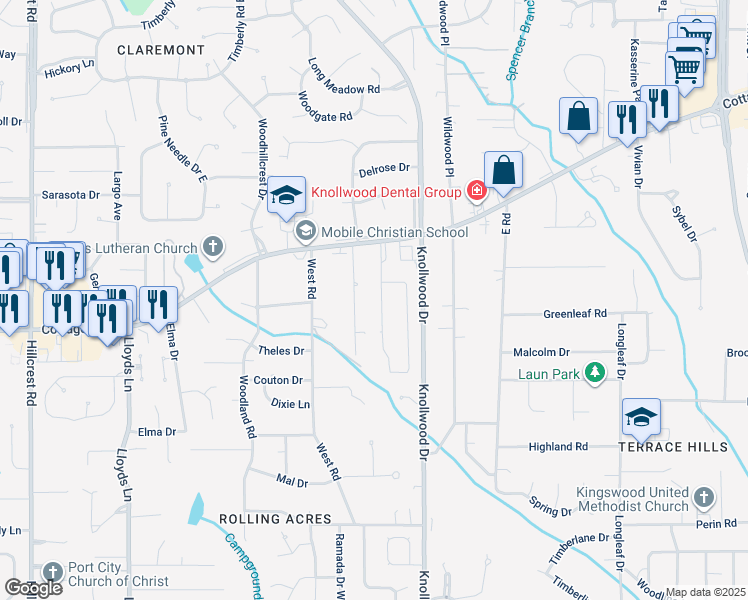 map of restaurants, bars, coffee shops, grocery stores, and more near 2316 Huffman Drive West in Mobile