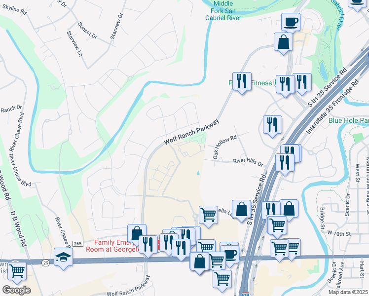 map of restaurants, bars, coffee shops, grocery stores, and more near 3604 Mercer Road in Georgetown