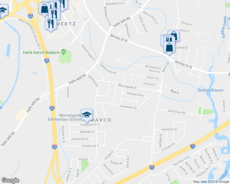 map of restaurants, bars, coffee shops, grocery stores, and more near 1511 Devonshire Drive in Mobile