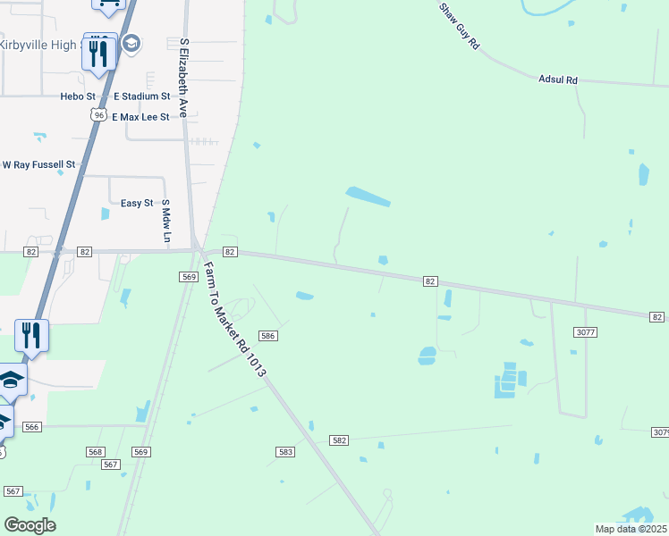 map of restaurants, bars, coffee shops, grocery stores, and more near 477 Farm to Market 82 in Kirbyville