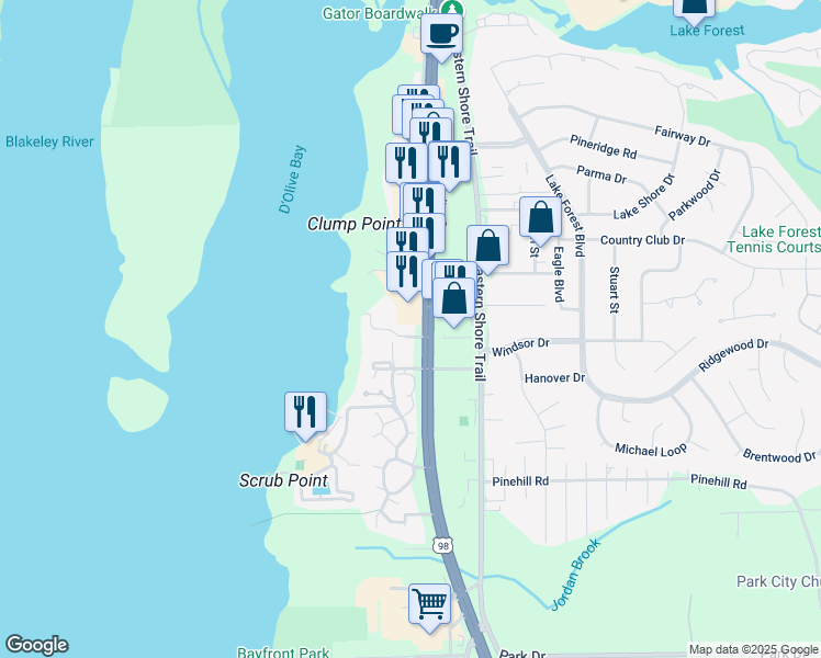 map of restaurants, bars, coffee shops, grocery stores, and more near 28617-28683 State Highway 42 in Daphne