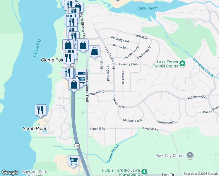 map of restaurants, bars, coffee shops, grocery stores, and more near 121 Windsor Drive in Daphne