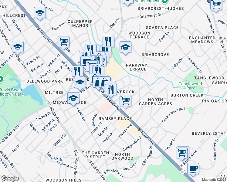 map of restaurants, bars, coffee shops, grocery stores, and more near 719 Meadow Lane in Bryan