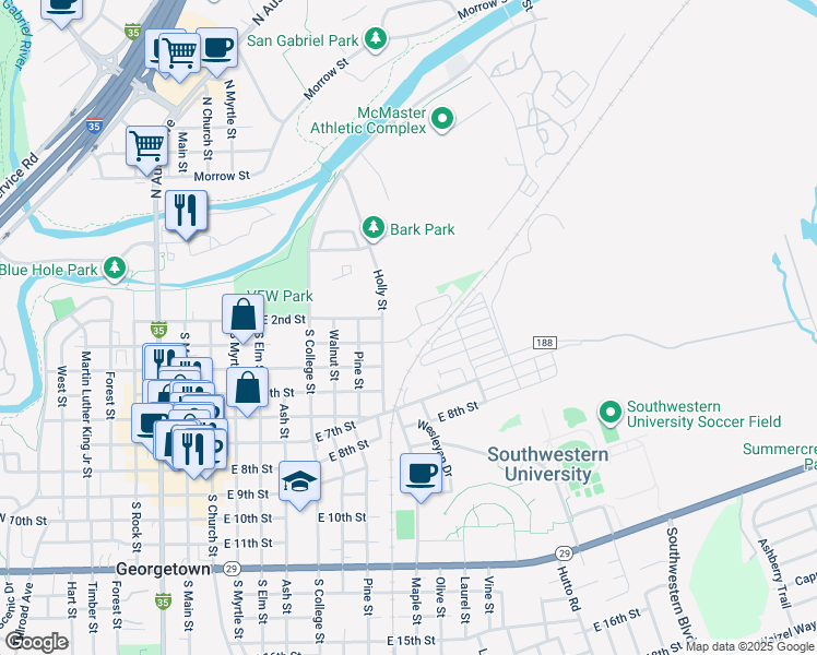 map of restaurants, bars, coffee shops, grocery stores, and more near 1001 East 3rd Street in Georgetown