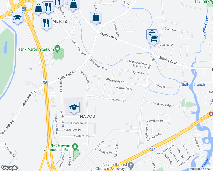 map of restaurants, bars, coffee shops, grocery stores, and more near 1509 Devonshire Drive in Mobile