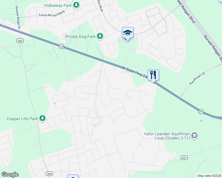 map of restaurants, bars, coffee shops, grocery stores, and more near 104 Peach Flat Court in Liberty Hill