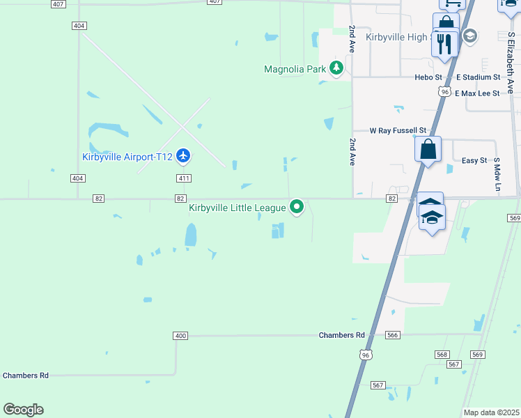 map of restaurants, bars, coffee shops, grocery stores, and more near 591 Farm to Market 82 in Kirbyville