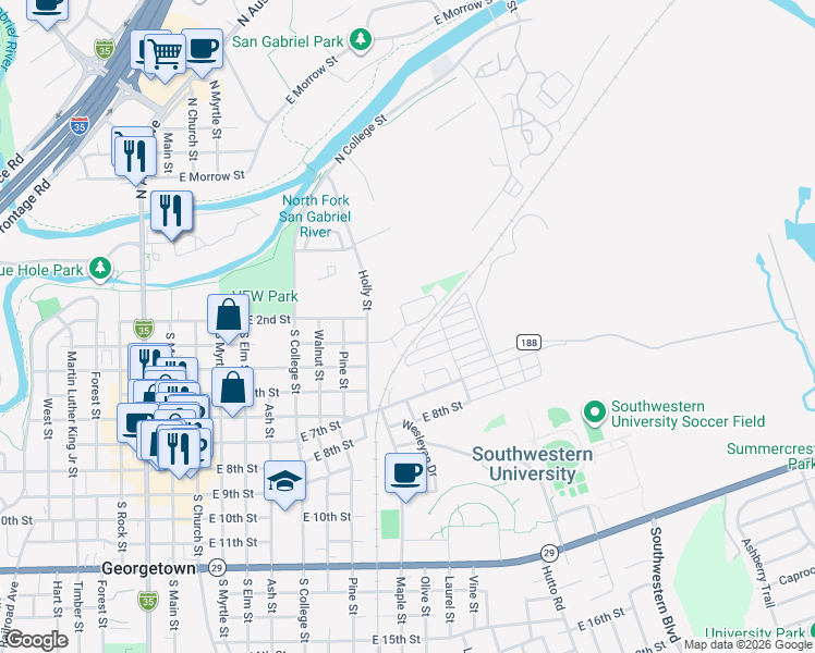 map of restaurants, bars, coffee shops, grocery stores, and more near 1404 East 3rd Street in Georgetown