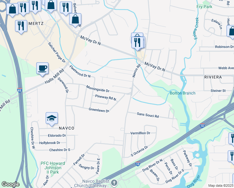 map of restaurants, bars, coffee shops, grocery stores, and more near 2465 Morningside Drive in Mobile