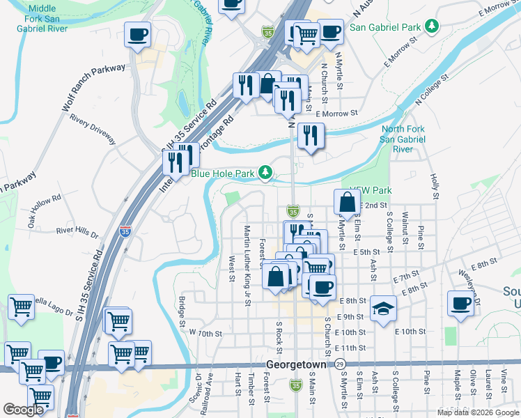map of restaurants, bars, coffee shops, grocery stores, and more near 102 Scenic Drive in Georgetown
