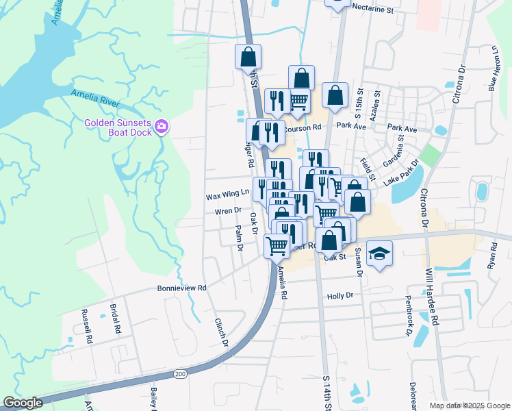 map of restaurants, bars, coffee shops, grocery stores, and more near 1893 South 8th Street in Fernandina Beach